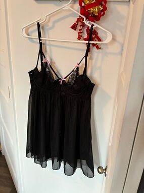 Black Lace Babydoll Chemise with Pink Bow Accents
